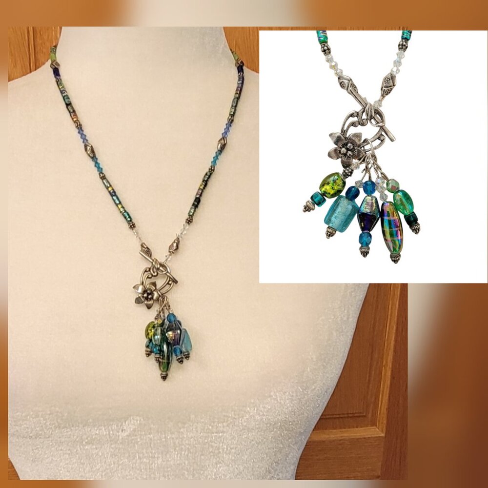 Handmade Artisan Blue Green Beaded Necklace Floral Toggle Glass Crystal Silver